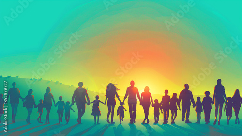 A poignant illustration depicting people of all ages and backgrounds marching hand in hand towards a future of equality and justice, illustration on the theme of the struggle for e