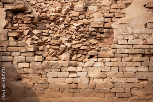 an old brick wall with a pile of bricks on it