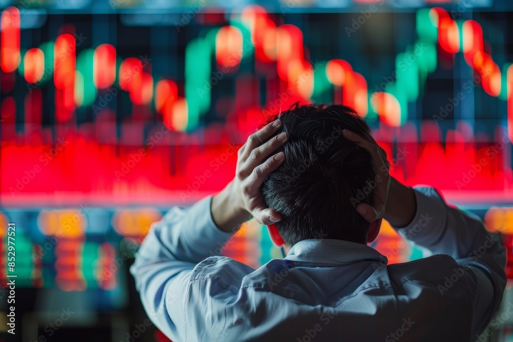 Obraz premium Stressed Trader Watching Stock Market Crash