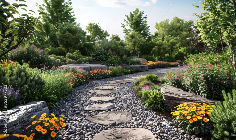 Obraz premium Blooming garden with a stone pathway