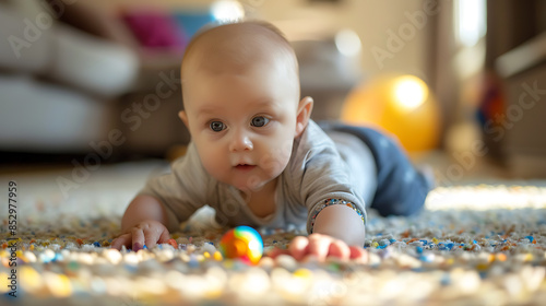 child with toys, wallpaper, fun and skill training at a young age