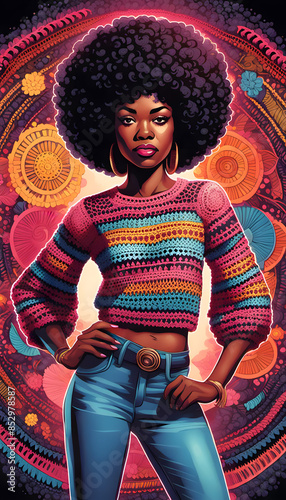 An African-American woman is  wearing a 70's style crochet top and blue jeans 