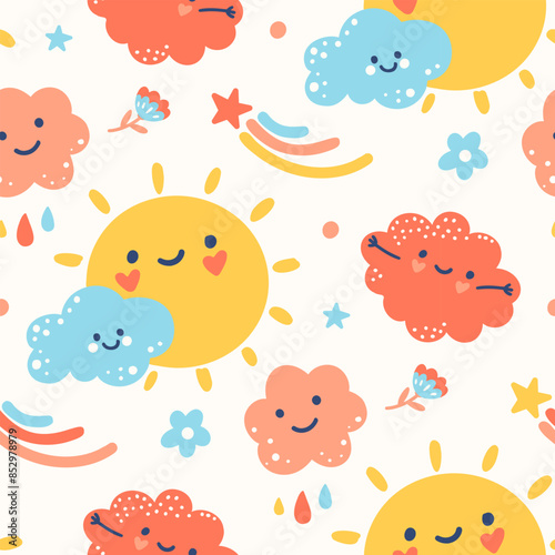 Hand drawn seamless pattern. Baby vector illustration. Cute repeated print with happy doodle sun, funny clouds, cool stars. Light, peaceful sky and kind characters.