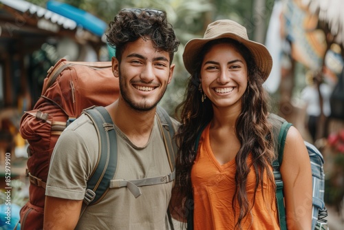 Happy Hispanic Backpacking Couple in Outdoor Market © DigitalMagicVisions