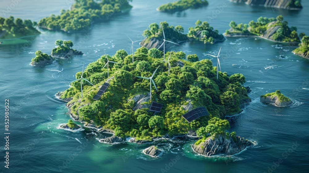 A 3D rendering depicting Earth with solar panels, wind turbines, and lush trees A 3D rendering depicting Earth with solar panels, wind turbines, and lush trees