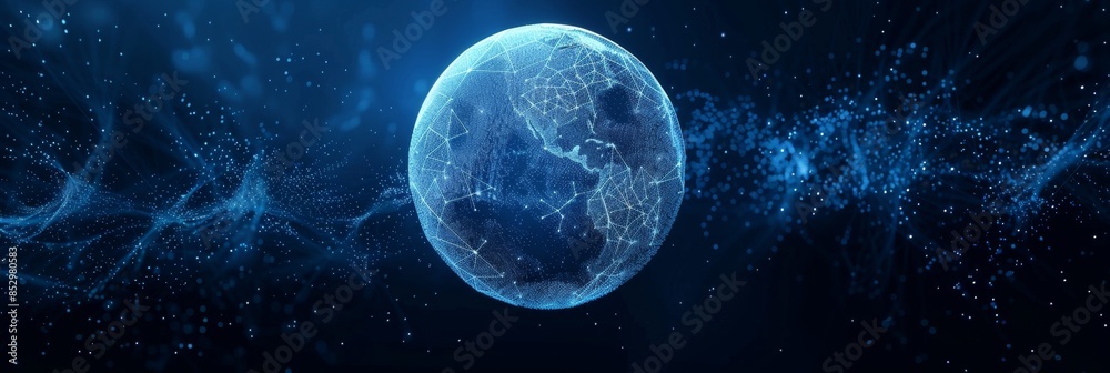Dark blue gradient background with a luminous particle sphere, offering a high-tech aesthetic with ample free space