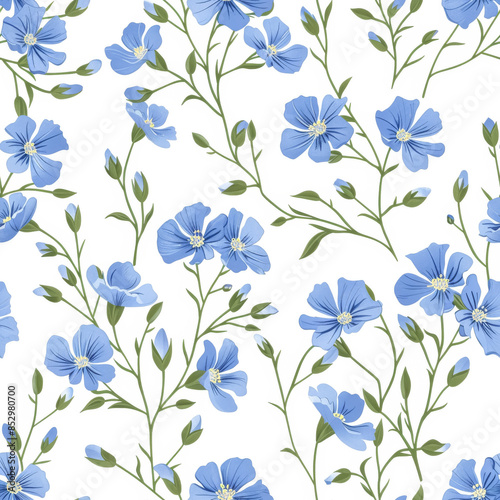 Delicate Blue Floral Pattern, Watercolor Art, Light Green Leaves