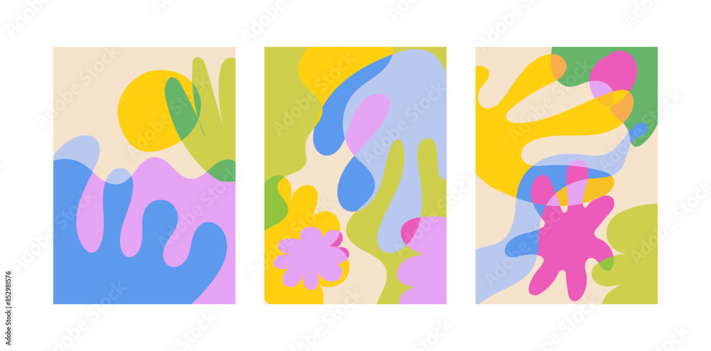 Set of abstract summer posters in overlay style. Vector flat illustration of various organic shapes. Tropical exotic creative design Set of abstract summer posters in overlay style. Vector flat illustration of various organic shapes. Tropical exotic creative design