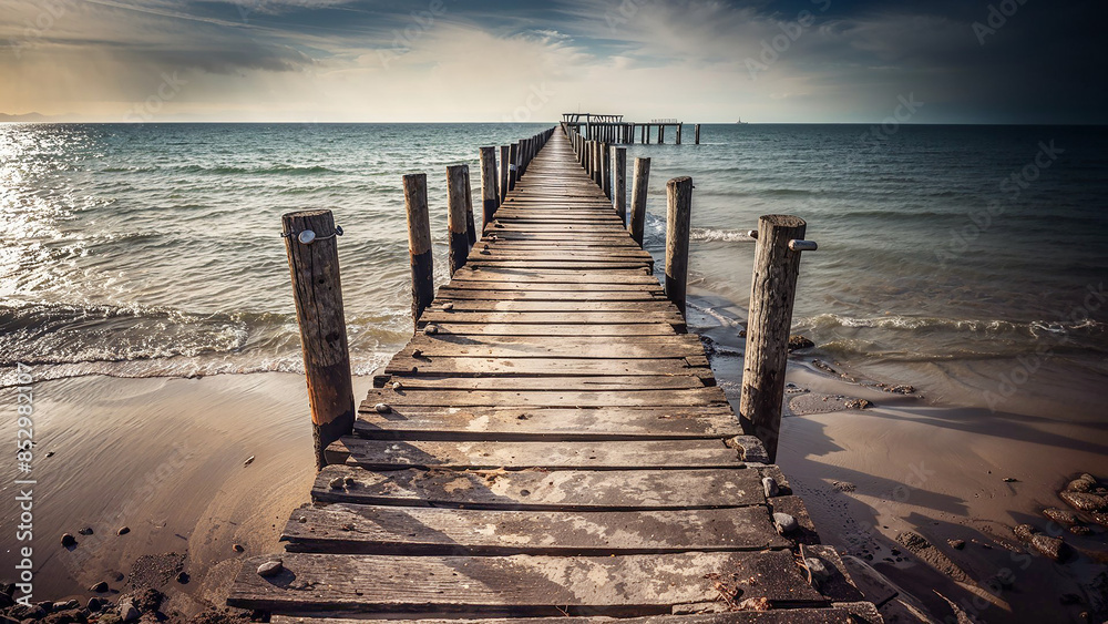 Fototapeta premium a wooden pier is in the water and has a sign that says no one is on it