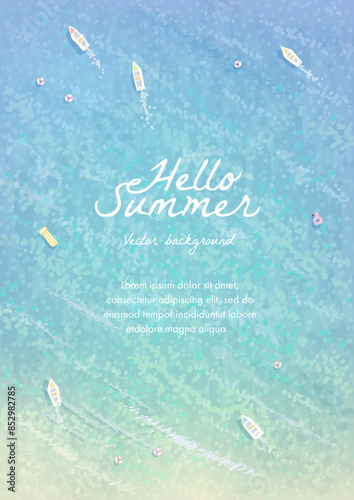 Beautiful summer beach sea resort background design template for poster, flyer, web banner, cover, booklets or greeting card. Top view tropical landscape. Vector illustration