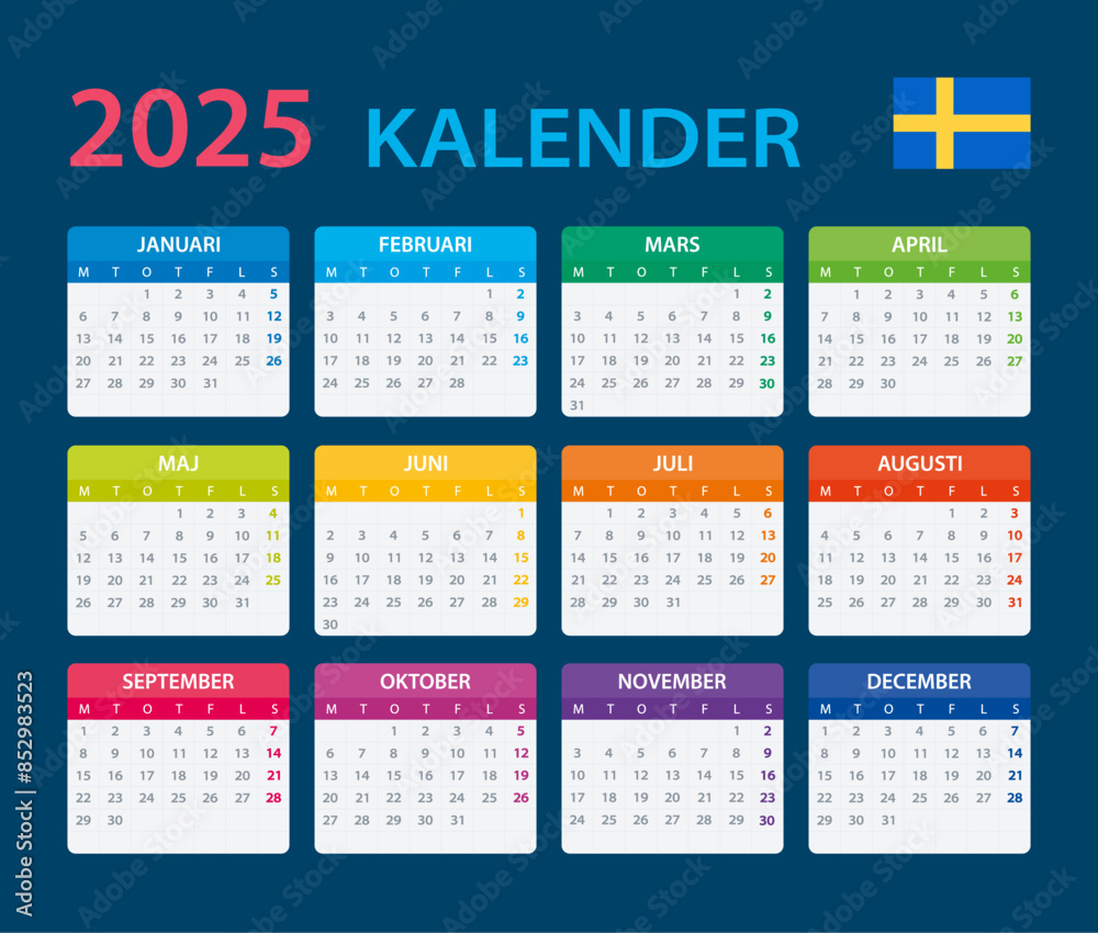 2025 Calendar vector template graphic illustration Swedish version