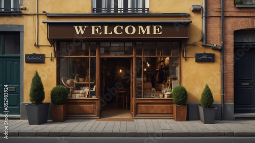 Entrance to the shop with welcome sign 