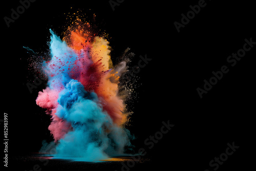 Colorful spray of powder on black background, in the style of bold color scheme, voluminous forms