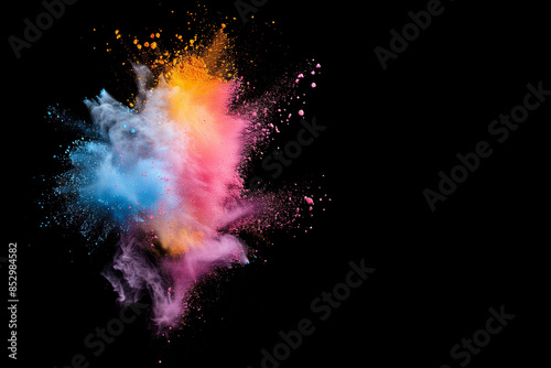 Colorful spray of powder on black background, in the style of bold color scheme, voluminous forms