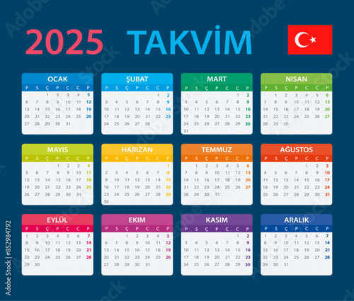 2025 Calendar - vector template graphic illustration - Turkish version