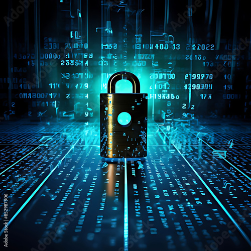 Ciber security concept. Binary code in background, encrypted data protected by security system