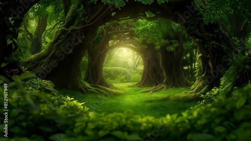 An enchanted forest with ancient trees and lush greenery, cinematic in style, Ai generated