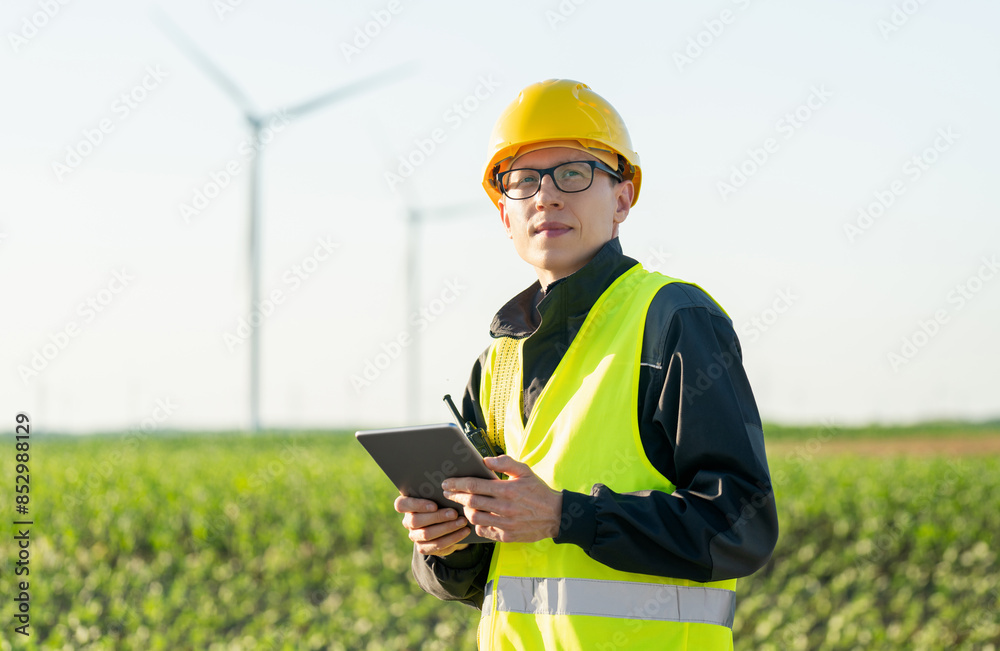 Engineer with digital tablet works on a field of wind turbines Engineer with digital tablet works on a field of wind turbines