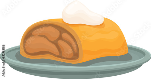 Apple strudel topped with whipped cream sitting on a plate is a classic and delicious dessert