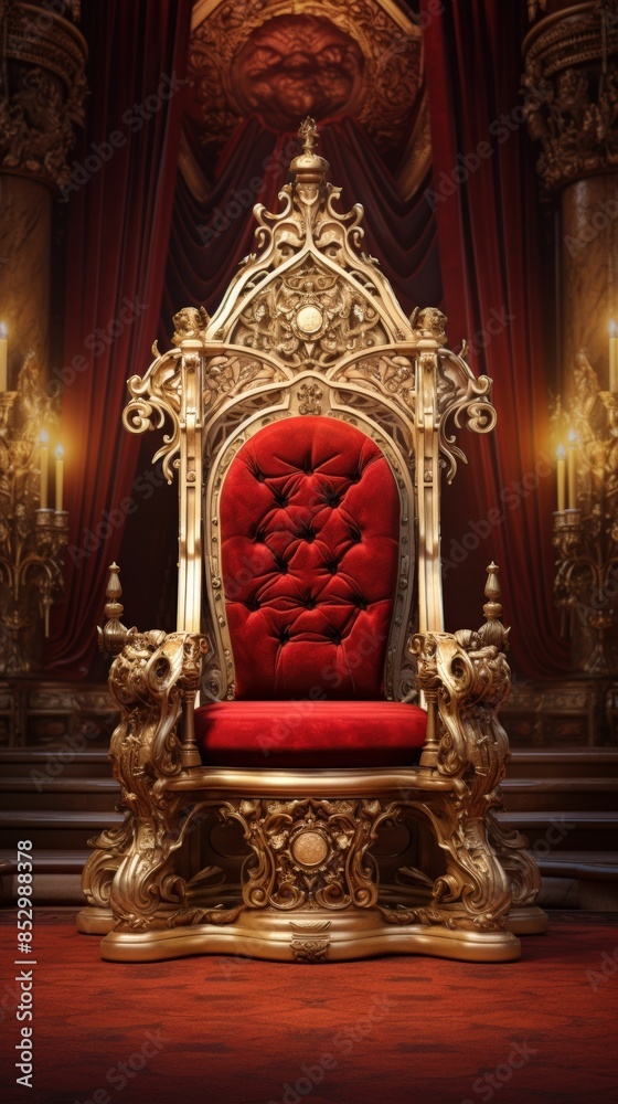 Luxurious ornate golden throne with red velvet upholstery in a royal setting, perfect for themes of royalty, power, and elegance. Luxurious ornate golden throne with red velvet upholstery in a royal setting, perfect for themes of royalty, power, and elegance.