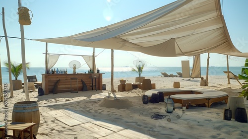 beachfront lounging area with custom-built sand furniture, sun shades made from sailcloth, and a portable bar for beach cocktails and refreshments