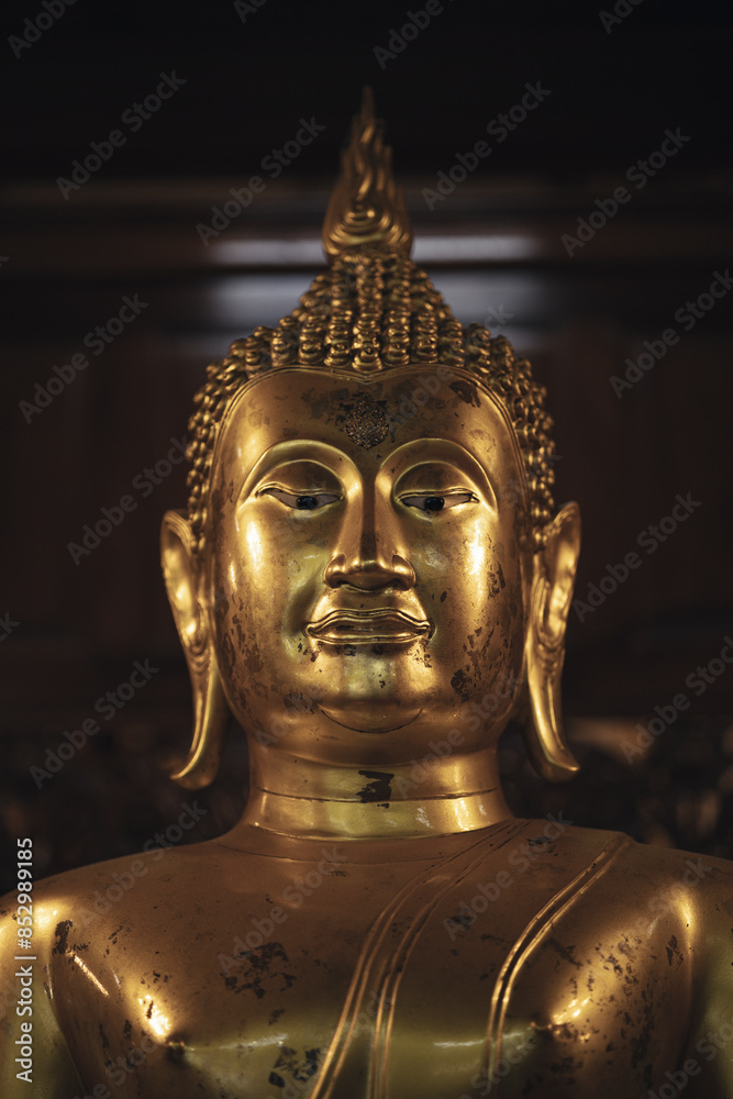 Golden Buddha head under light and shadow inside an old temple in Phra Nakhon Si Ayutthaya Province, Thailand. Golden Buddha head under light and shadow inside an old temple in Phra Nakhon Si Ayutthaya Province, Thailand.