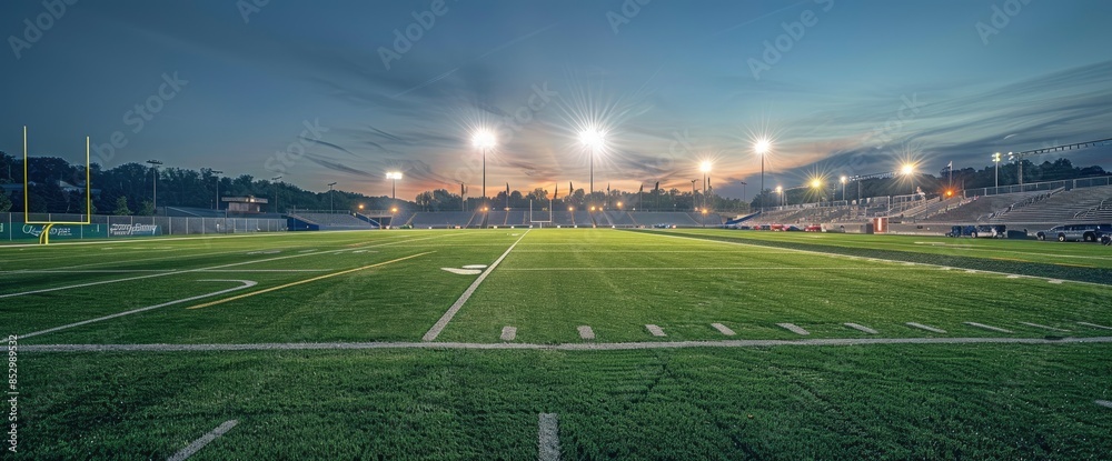 A Football Stadium With Lush Green Grass, Hosting An Evening Game, Illuminated By The Soft Glow Of Twilight A Football Stadium With Lush Green Grass, Hosting An Evening Game, Illuminated By The Soft Glow Of Twilight