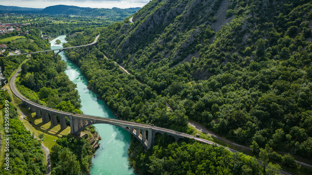 Aerial Shot of Solkan Rail Stone Bridge Over River Soca, Slovenia Aerial Shot of Solkan Rail Stone Bridge Over River Soca, Slovenia