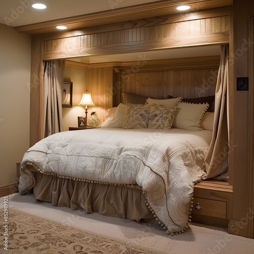 Cozy bedroom with a comfortable bed and stylish decor in a luxurious hotel room photo