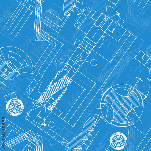 Mechanical engineering drawings on blue background. Tap tools, borer. Technical Design. Cover. Blueprint. Seamless pattern. Vector illustration.
