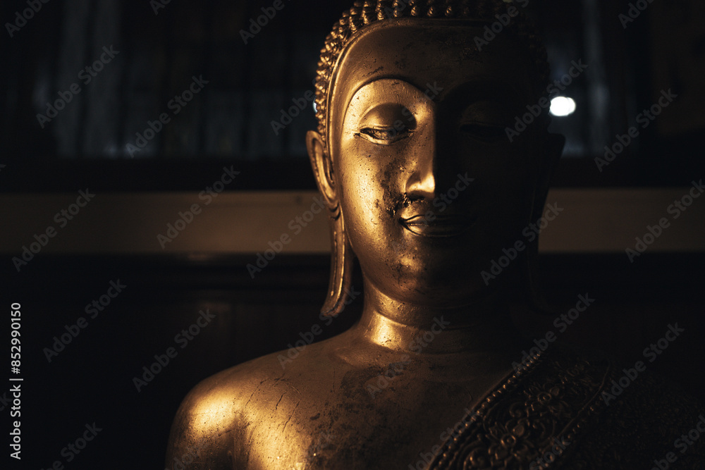 Golden Buddha head under light and shadow inside an old temple in Phra Nakhon Si Ayutthaya Province, Thailand. Golden Buddha head under light and shadow inside an old temple in Phra Nakhon Si Ayutthaya Province, Thailand.