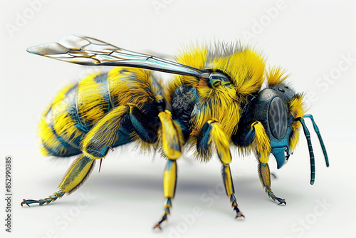 A photo of a bee on white background, close-up, photorealistic, realistic hyper-detail, png, light yellow and dark aquamarine, accurate and detailed 