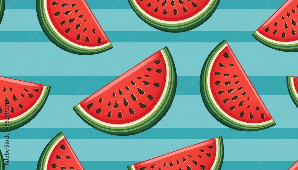Seamless watermelon slices on pastel blue, illustrated painting Seamless watermelon slices on pastel blue, illustrated painting