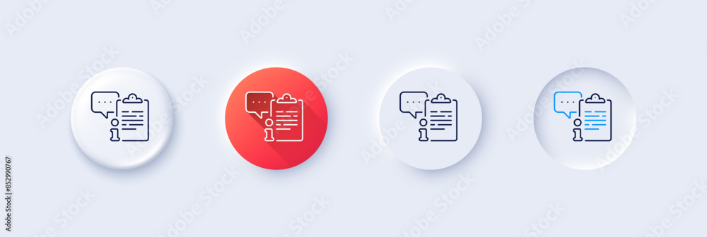 Clipboard document line icon. Neumorphic, Red gradient, 3d pin buttons. Agreement file sign. Info data symbol. Line icons. Neumorphic buttons with outline signs. Vector Clipboard document line icon. Neumorphic, Red gradient, 3d pin buttons. Agreement file sign. Info data symbol. Line icons. Neumorphic buttons with outline signs. Vector