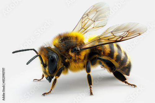 A photo of a bee on white background, close-up, photorealistic, realistic hyper-detail, png, light yellow and dark aquamarine, accurate and detailed 