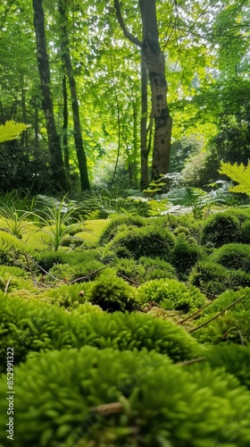 A serene forest floor covered in lush green moss and foliage with sunlight filtering through the dense canopy of trees.