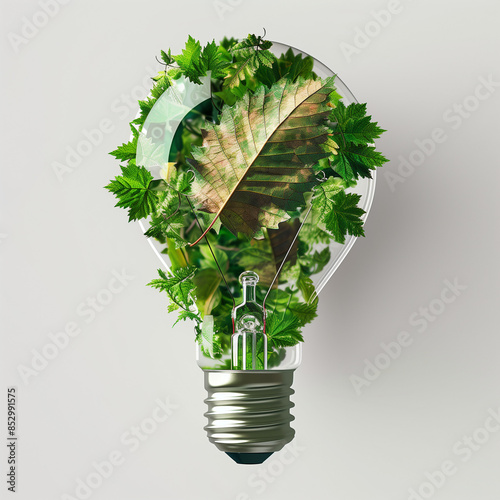 light bulb with leafs imitated and leaves inside, in the style of photo-realistic landscapes, eco art, highly detailed foliage, white background, nature-inspired imagery