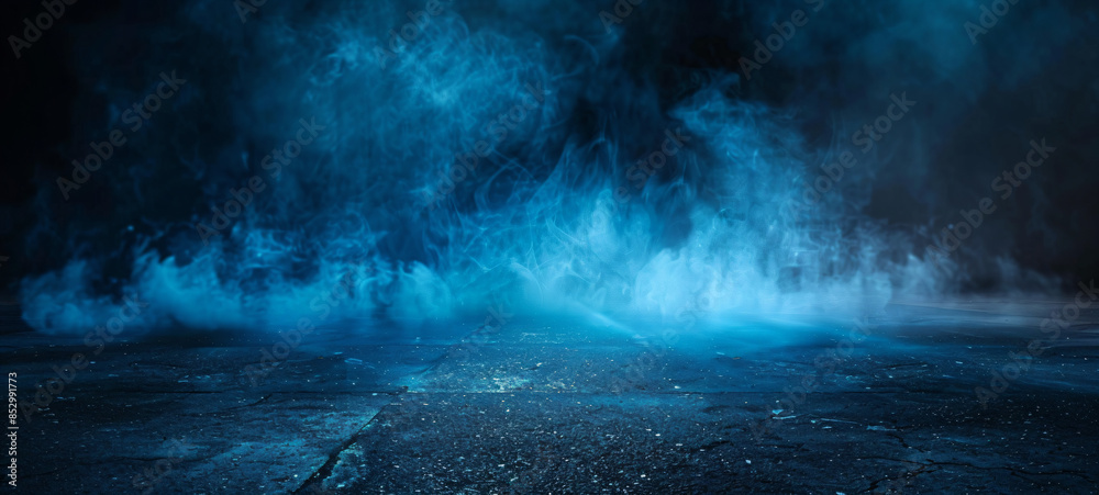 Fototapeta premium Abstract dark background with blue light and smoke on the asphalt floor
