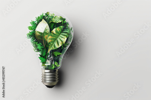 light bulb with leafs imitated and leaves inside, in the style of photo-realistic landscapes, eco art, highly detailed foliage, white background, nature-inspired imagery