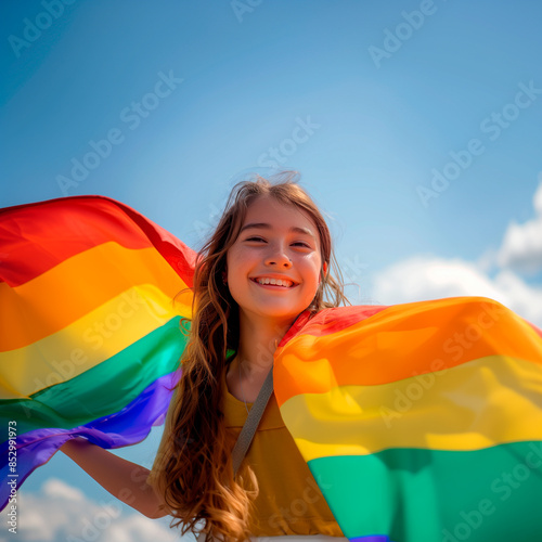 jovem sorrindo com bandeira do orgulho lgbt photo