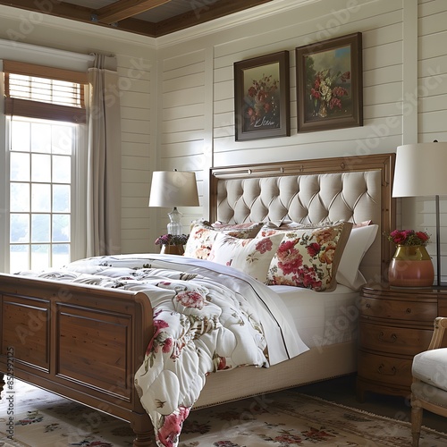 Bedroom with cozy bed, elegant furniture, and soft lighting, designed for comfort and relaxation photo