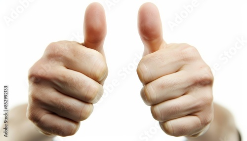 Close-up of a satisfied customer giving a thumbs up, confident expression, isolated white background, sign of approval, best service, positive feedback 