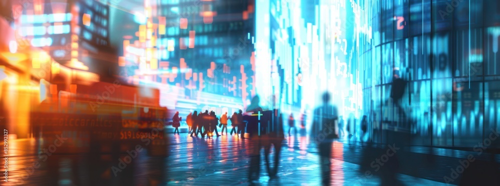 Obraz premium Cyberpunk Cityscape with Blurry Figures and Glowing Lights