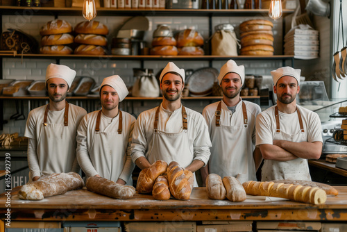 Photography team of Belgian bakers in a traditional bakery with artisan products.
 photo
