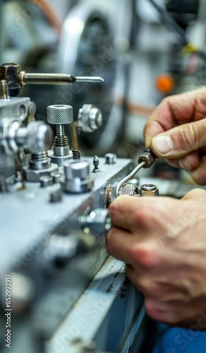 Detailed view of a technician tightening bolts on a mechanical device, focus on hands and tools, industrial environment precision engineering, technical maintenance