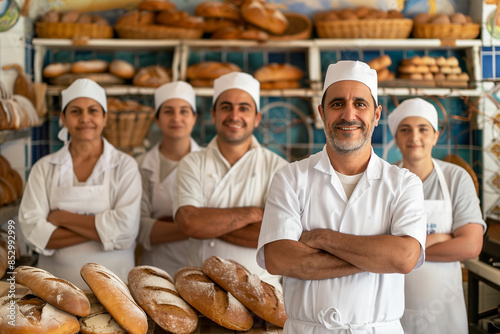Photography team of portuguese bakers in a traditional bakery with artisan products.
