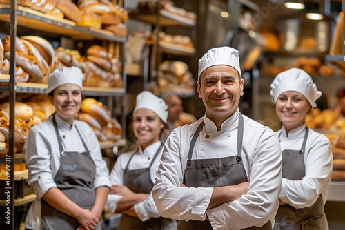 Photography team of swiss bakers in a traditional bakery with artisan products.
