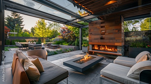 high-end outdoor lounge with a modern fireplace, designer furniture, and retractable roofs and walls that allow for use in any weather, providing a luxurious extension of the indoor living space