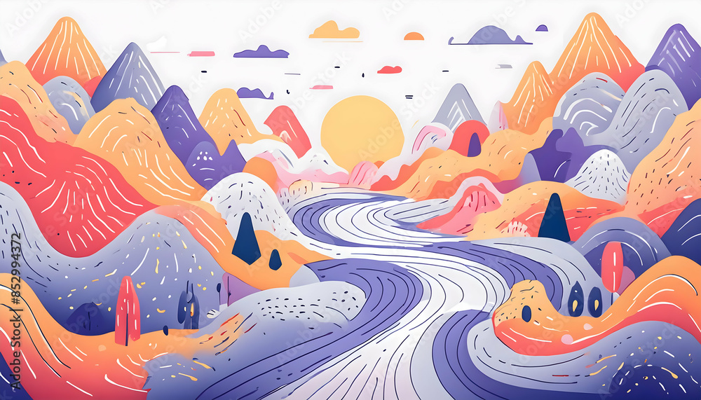 Naklejka premium Abstract Colorful mountain and field landscape on digital art concept, Generative AI.