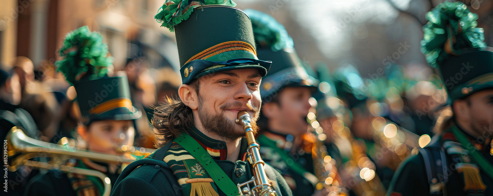 A festive St. Patrick's Day parade with marching bands, green beer, and leprechauns. A festive St. Patrick's Day parade with marching bands, green beer, and leprechauns.